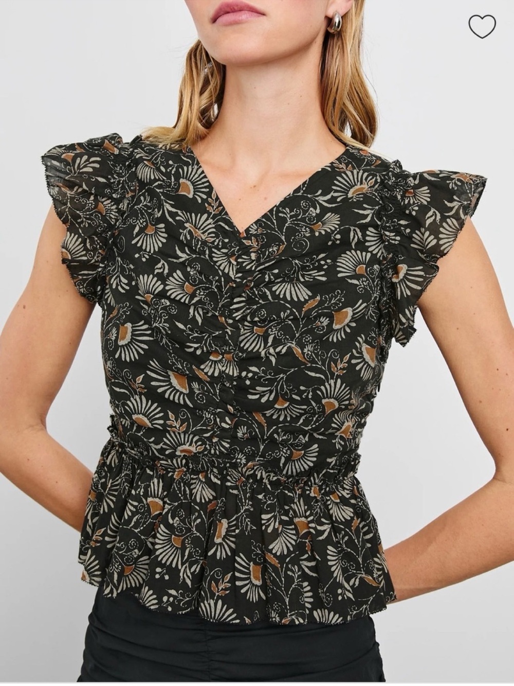 Rails Cali Floral Print Peplum Top Blouse, Black and Cream, V-Neck, XXL